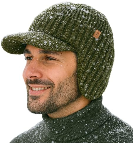 TOP-EX DryKnit™ Waterproof 80% Merino Wool Peaked Beanie Hat Men with Ear Flaps & Fleece Lined, Winter Thermal Golf Visor Beanie Hat for Cold Weather, M-XXL