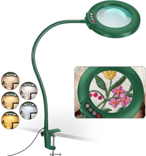Veemagni 12X Lupe mit Licht und Klemme, Echtes Glas Lupenlampe, 5 Farbmodi Stufenlos Dimmbare, 23 Zoll Flexibler Schwanenhals Ständer Tischlupe mit Beleuchtung, LED Lupenleuchte für Lesen Hobby Grün