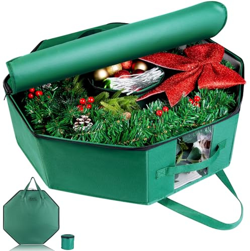 BrilliantJo Aufbewahrungstasche für Kränze Girlanden Weihnachtskränze Weihnachtsdekorationen große Aufbewahrungsbox mit Innentaschen Doppelreißverschluss Tragegriffen Sichtfenster 60cm Grün