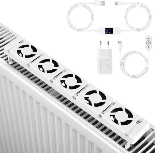 Ollewiellan Radiator Fan with 5 Improved Fans, Radiator 1-Piece, a Smart Radiator Booster for Heaters, Saves Energy and Heating Costs