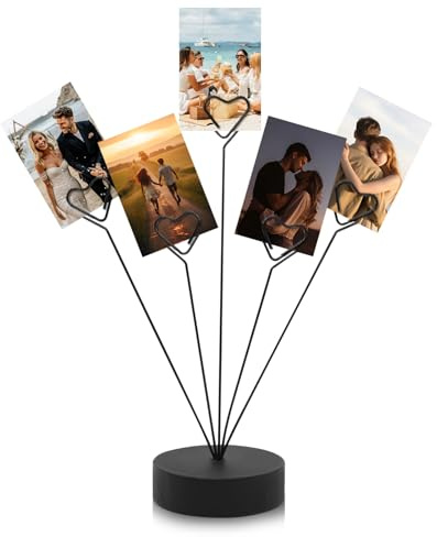 HINGTAI Black Tree Holder for Pictures Desk Photo Display Gift Tree Holder for Party, Heart-Shaped Photo Stand Contains Five Clips, Round Base Suitable as a Gift for Holidays Weddings or Work