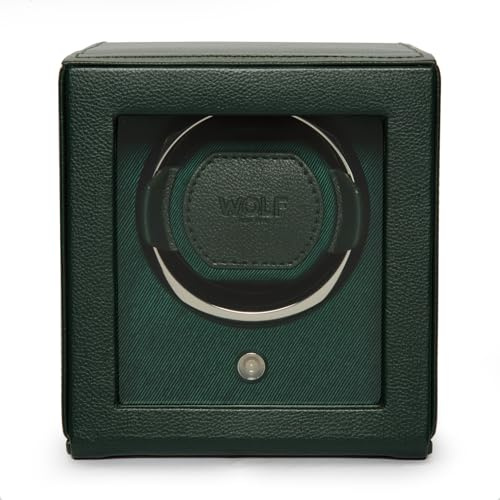 Wolf Cub Single Watch Winder with Glass Cover, Green - Secure Fit with Patented Lock-in Dynamic Cuff - Accommodates All Wrist Sizes - Vegan Leather - Includes Universal Adapter