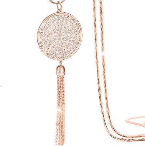 Gleamart Long Colliers Disque Cercle Pendentif Tassel Fringe Déclaration Collier pour Les Femmes Or Rose