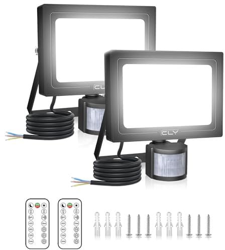 Cly 2 Pack Security Lights Outdoor with Motion Sensor, 15W 1200LM LED Floodlight with Remote Control IP66 Waterproof PIR Sensor Lights 6500K LED Outdoor Lights for Garden, Backyard, Garage, Doorways