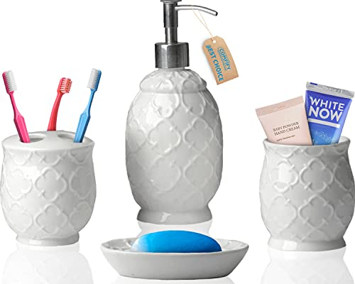 Designer 4-TLG. Bad-Accessoire-Set - Keramik-Bad-Set mit Flüssigseifen- oder Lotion-Spender, Zahnbürstenhalter, Becher und Seifenschale - Dekoratives Set mit geprägten Details - Vanity-Accessoire