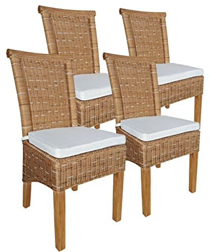 kreatives Wohnen Esszimmer-Stühle Set Rattanstühle Perth 4 Stück braun Sitzkissen Leinen weiß, Holz, Extra breit