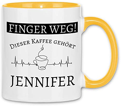 wowshirt Tasse Finger weg Dieser Kaffee gehört Wunschname personalisierte Kaffeetasse mit Wunsch-Name, Farbe:White - Yellow