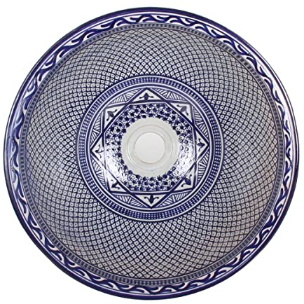 Casa Moro Orientalisches Keramik Waschbecken Fes106 Blau Weiß rund | marokkanische Handwaschbecken Aufsatzbecken handbemalt & handgefertigt Durchmesser 35 cm