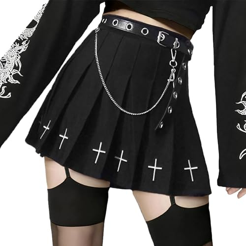 Punk Cross Print Dark Mini Skirts Chain Belt Black Uniform Pleated Skirt Large