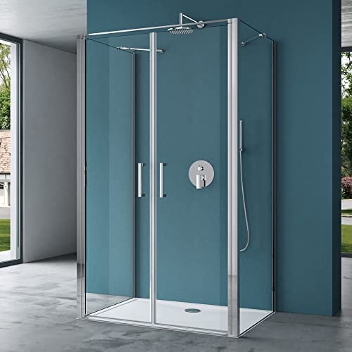 Mai & Mai Duschkabine U-Form Duschabtrennung 90x100 Duschkabine Aluminiumrahmen ESG-Sicherheitsglas Klarglas Doppeltüre Ravenna66UK