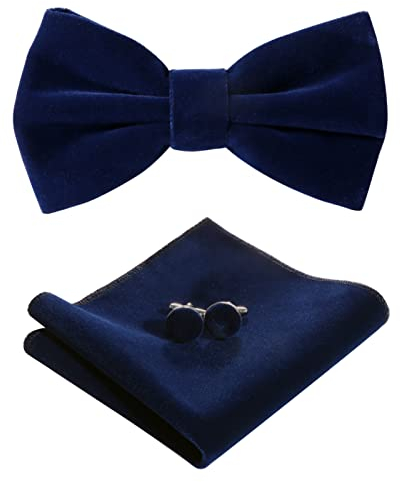 HOULIFE Fliege Herren Set - Verstellbare Fliege aus Samt Vorgebunden Fliege, einfarbige Einstecktuch, Manschettenknöpfe Set für Bräutigam Hochzeit formal mit Geschenkbox - Navy blau