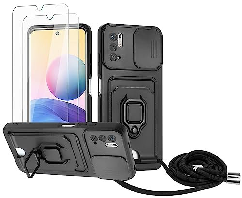 Zallagre Funda con Cuerda Compatible con Redmi Note 10 5G/Xiaomi Poco M3 Pro 5G,[2 Packs Cristal Templado],Ranura para Tarjetas,Cubierta de Cámara Deslizante Proteger,360 Anillo Soporte-Negro