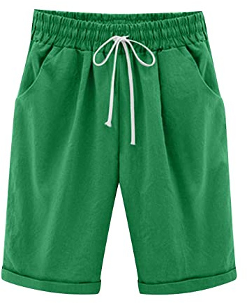 oglccg Womens Half Pants Plus Size Knee Length Cotton Linen Shorts with Pockets Summer Solid Beach Vacation Ladies Straight Leg Trousers Drawstring Elastic Waist Bermuda Casual Work Shorts, Green, XL