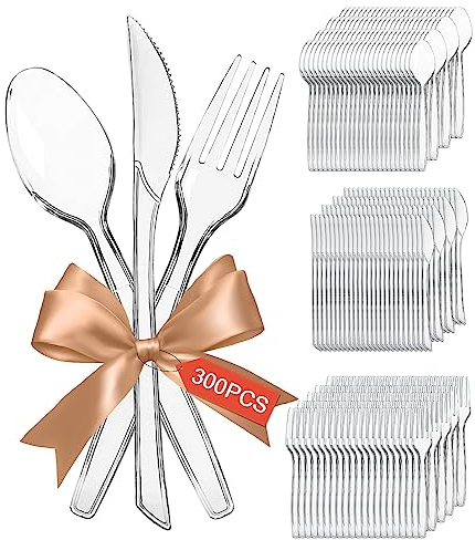 300 Pièces Couverts en Plastique,100 cuillères ,100 fourchettes ,100 couteaux tout en plastique couverts de reutilisable,pour Fêtes d'Anniversaire,Camping,Barbecues,Mariages