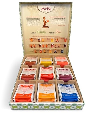Yogi Tea Tee Geschenkset für Männer und Frauen, Yoga Selection Box, Wiederverwendbar, mit 9 Bio Gewürz- und Kräutertees – 45 Teebeutel (9x5 Beutel)