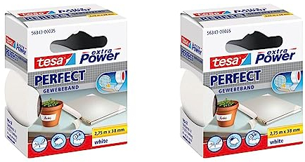 tesa extra Power Perfect Gewebeband - Gewebeverstärktes Ductape zum Basteln, Reparieren, Befestigen, Verstärken und Beschriften - Weiß - 2,75 m x 38 mm (Packung mit 2)