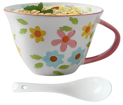 NIUKOMY Tazze Colazione Grande, 600ML Tazza da Tè Grande in Porcellana, Tazze Latte Grandi Fragola, Tazza da Caffè in Ceramica con Cucchiaio, XXL Tazza Grande per Cereali, Rosa