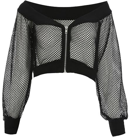 Festival Outfit Damen Techno Rave Oberteil Bauchfrei Crop Top Langarm Netz T-Shirt mit Kapuze Casual Kleidung Frauen Netzoberteil Netzpullover Schulterfrei Cropshirt f?r Party Strand Urlaub Schwarz M