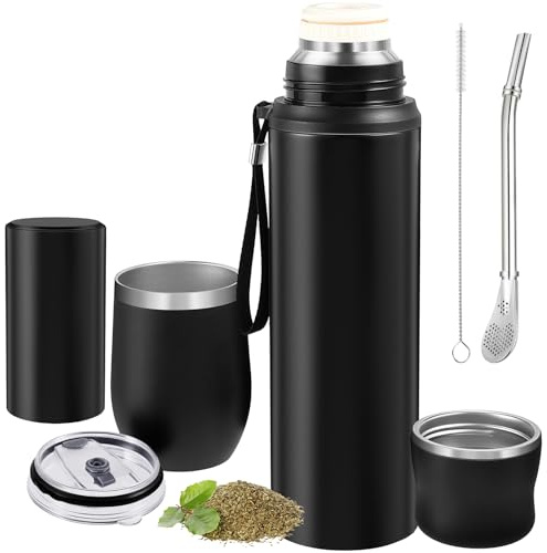 Suclain 3 Pcs Complete Cups Set Includes 1 Stainless Steel Water Bottles Double Wall Vacuum Insulated Cups 1 Aluminum Storage Container 1 Black Teacup with Cleaning Brush and Straw for Travel Supplies