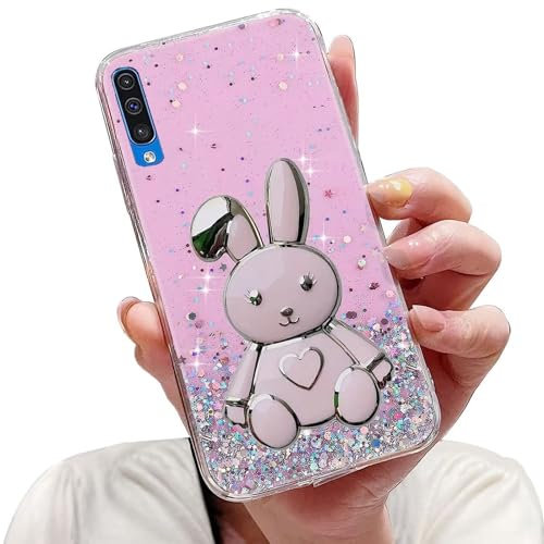 Tivenfezk Nadoli für Samsung Galaxy A30S/A50 Herz Hase Versteckt Ständer Hülle,Karikatur Glitzer Ständer Weiche Silikon Bling Durchsichtig Schutzhülle,Rosa
