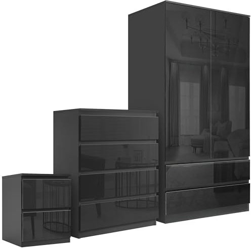 Blisswood Bedroom Furniture Set High Gloss 2 Door Wardrobe + 4 Drawer Chest of Drawer + 2 Drawer Bedside Table Cabinet with Push Up Door Mechanism Bedroom Set (Black)