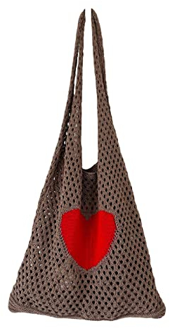 BABYVIVA Vintage Mesh Hohl Schultertasche Herz Stricktasche Handtasche Große Kapazität Tasche Stray Bag für Familientreffen, khaki, Width 35cm x Height 58cm (including handle)