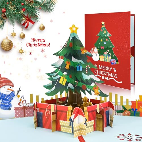 YianHien Pop-Up Weihnachtskarte, 3D Karte Weihnachten mit Umschlag (Bunter Weihnachtsbaum)