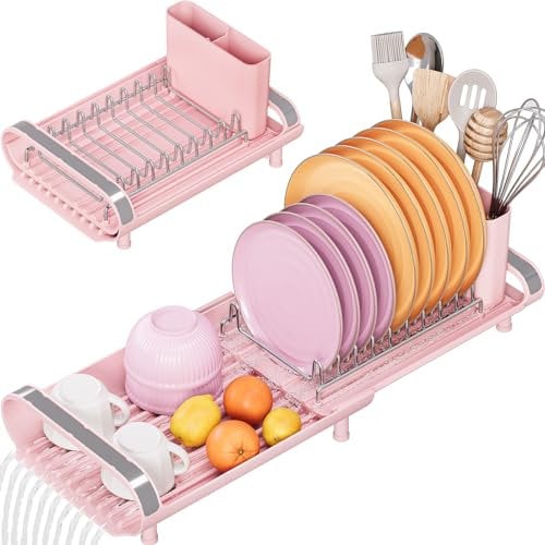 KINGRACK Small Dish Drainer, Expandable Dish Drainer Rack, Dish Rack With Removable Cutlery Holder, Anti Rust Small Sink Drainer, Expandable Draining Board Rack For Kitchen Counter, Pink