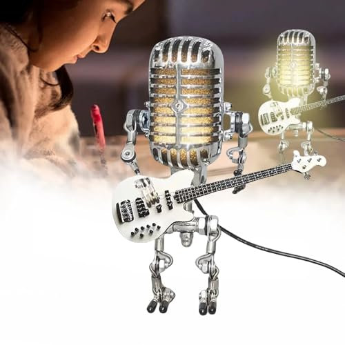Vintage Metal Microphone Guitar Table Lamp for Nightstand, Desk, Bedroom, Bar, Restaurant (White)