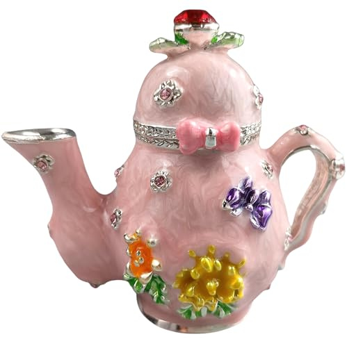 zltSunshine Enamel Teapot Trinket Box Hand-Painted Metal Vintage Jewelry Organizer Unique Ring Holder & Collectible Ornament Pink