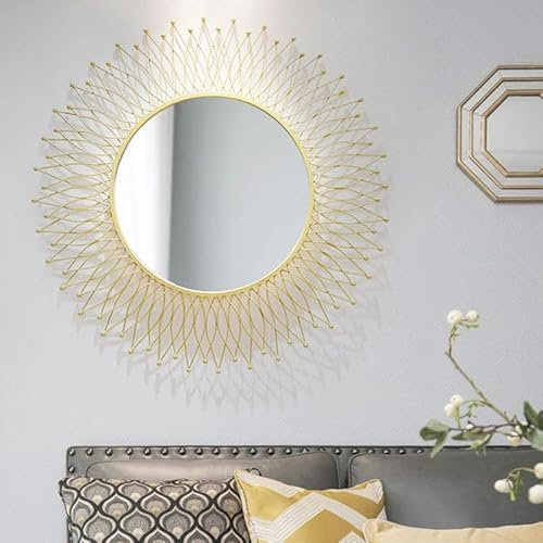 SYLUOQP Dekorative Wandspiegel Sonne Unikat aus Glas, Metallrahmen Gold, Runder Sonnenspiegel, Moderner Dekospiegel, Design Hängespiegel, Wandbehang Flurspiegel Schminkspiegel Spiegel,80cm
