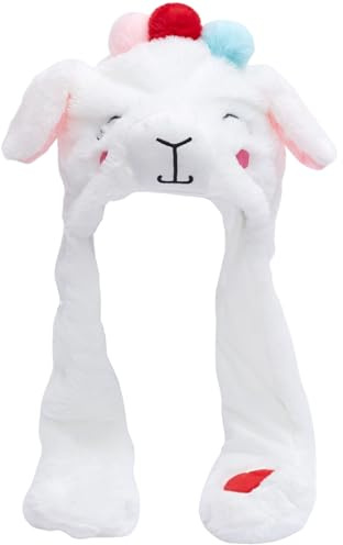 Mütze mit beweglichen Ohren, niedliche Schaf-Tiermütze mit beweglichen Ohren, weicher Plüsch, lustige Mütze mit Pfoten für Unisex, Winter, Weihnachten, Geburtstagsgeschenke, weiße Tiermütze, Hasenmütz