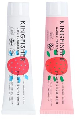 Kingfisher Kinder Zahnpasta - Fluorid- & Fluoridfreie Optionen - Sanfte Natürliche Pflege für Kinderzähne - Sichere & leckere Aromen (1, Erdbeere mit Fluorid)