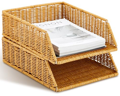 Yeaqee Papierablage, Organizer für den Schreibtisch, stapelbar, Briefablage, Briefablage, Briefformat, Rattan-Halter, Organisationsregal für Post, Dokumente, Braun, schlanker Stil, 2 Stück