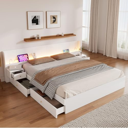 Kayan Doppelbett Bettanlage 180 x 200 cm mit 2 Nachttischen, Holzbett mit LED-Beleuchtung und Steckdose, Bett aus Holz mit Kopfteil und Bettrahmen, Stauraumbett Jugendbett, Ohne Matratze