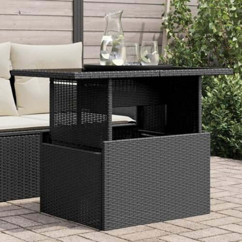 Table de jardin dessus en verre noir 100x55x73cm résine tressée,Table de jardin polyvalente en résine tressée avec dessus de table réglable Idéale pour le jardin, la cour et la terrasse Mobilier de ja