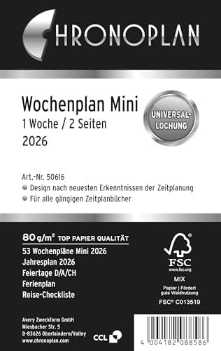 Chronoplan 50616 Kalendereinlage 2026 (Wochenplan Mini (79x125mm) Ersatzkalendarium für Terminplaner, ideal für detaillierte Wochenplanung, 1 Woche auf 2 Seiten in Zeilen, mit Universallochung) weiß