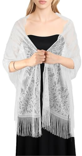 SycloPak Stola Damen Festlich für Abendkleid Hochzeit Chiffontücher mit Fransen, Spitze Pashmina Elegant Sommer Freunden Weiß Stola, Schultertuch Damen Festlich