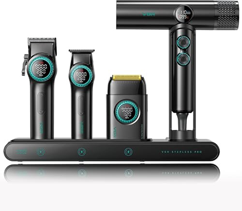 VGR Professional Barber Combo, 4 in 1 Set mit Haarschneider, Folienrasierer | Schnurlose Friseurschermaschine zum Haarschneiden, Karbonstahlklinge Haarschneider für Barbiere, LED-Anzeige