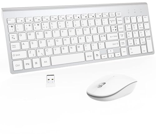 GALENMORO Wireless Keyboard and Mouse Set, QWERTY UK USB Compact Ful Size Ergomomic Slim Silent Quiet Low Profile Portable with Number Pad & Mice combo for Computer PC Laptop Surface TV White Silver