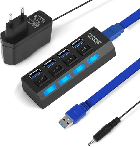 OFFCUP USB Hub 4 Port mit Netzteil USB Verteiler USB Hub Aktiv 3.0+2.0 mit Einzelnen Schaltern und LED Anzeige, Plug & Play, für Laptop PC, MacBook nd weitere USB Geräte