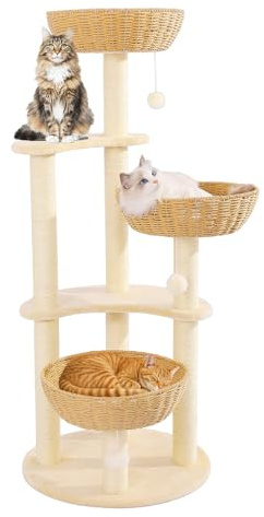 Modern Cat Tree Tower,Three Hand-Woven cat beds, Sisal-Covered Scratching Posts for Indoor Cats, Multi-Level Cat Condo with Space Capsule Nest, Tall Cat Tree for Multiple Large Cats