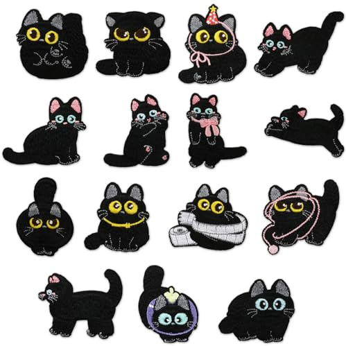 15 Stück Schwarze Katze Patches zum Aufbügeln, Bügelbilder für Textilien | Niedliche Katzenmotive Patches zum Aufbügeln, Dekorative Bügelflicken für Kleidung, Hüte, Rucksäcke, Jacken, T-Shirt