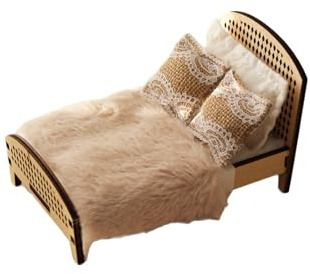 FROMCEO Unlackiertes Doppelbett aus Holz mit Bettwäsche Puppenhaus Schlafzimmermöbel für Kinder Kreative Spiel- und Lernaktivität Puppenhaus Zubehör