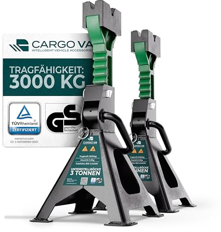 CargoVA® Unterstellbock 3T [2er Set] mit Gummiauflage – TÜV GS Geprüft & Höhenverstellbar (300-444mm) – 3000kg Unterstellböcke KFZ mit Doppel-Sicherung – Auto Böcke für PKW & SUV