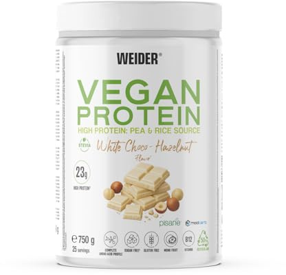 Weider Vegan Protein (750g) White Chocolate Hazelnut, 23g Protein/dose | 100% vegetable protein from pea (pisane) + rice, with vitamin B12, monk fruit and stevia, sugar-free, gluten-free
