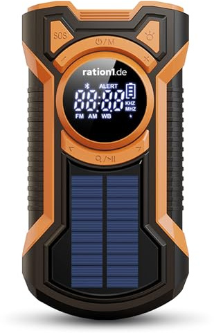 ration1 Kurbelradio Notfallradio mit Solar und Powerbank | 5000 mAh Akku, Bluetooth, SOS-Alarm & LED Taschenlampe, AM/FM/WB, IPX5 Spritzwasserfest, Stoß- & Staubgeschützt
