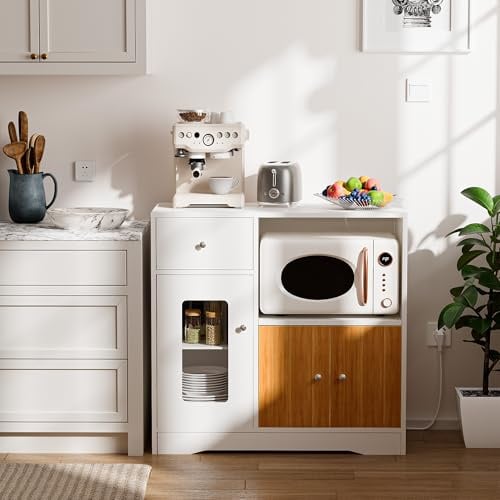 Mobile da cucina con LED RGB e 2AC/2USB, armadietto buffet con ripiano per microonde e ripiani regolabili, credenza con piano di lavoro e cassetti, per soggiorno, cucina (83 x 40 x 80 cm, marrone e