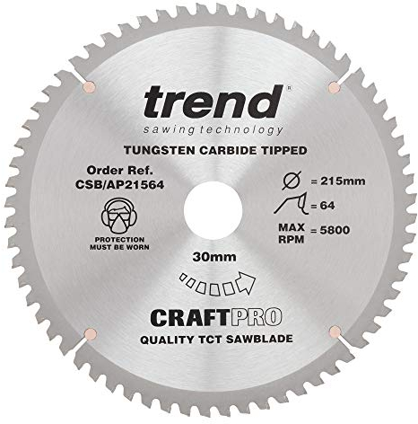 Trend Aluminium & Kunststoff Kreissägeblatt, 215mm Durchmesser, 30mm Bohrung, 64 Zähne, HW, 2,8mm Schnittbreite, -6° Haken, CSB/AP21564
