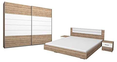Rauch Möbel Barcelona Schlafzimmer, komplett, bestehend aus 1 Bett 160x200cm, 1 Nachttisch-Paar 50x38x37cm, 1 Schwebetürenschrank 226x210x62cm, Farbe Eiche Sanremo Hell mit Absetzung in Weiß